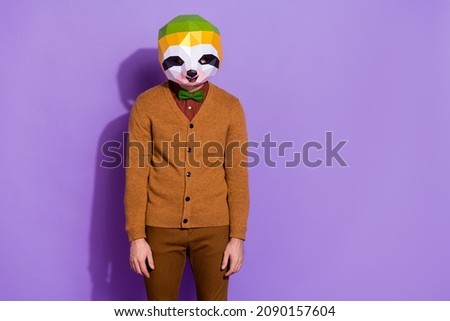 Photo of young man weird incognito annoyed bored tired failure isolated over violet color background