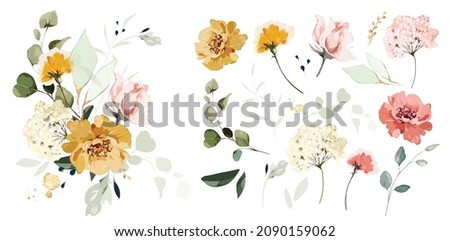 Set of floral branch. Flower pink, yellow rose, green leaves. Wedding concept with Floral  arrangements  Royalty-Free Stock Photo #2090159062