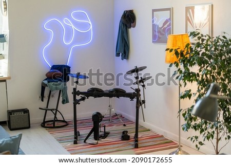 Part of domestic room with drumkit, chair, carpet on the floor, paintings on walls, lamp and green plant