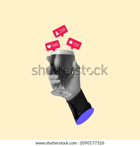 Contemporary art collage of male hand holding glass with alcohol and social media icons, symbols above isolated over yellow background. Concept of social media, influence, popularity, lifestyle and ad