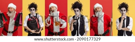 Collage of portraits of Santa Claus and woman in character of famos movie personage isolated over red and yellow background. Concept of art, creativity, inspiration, holiday, party. Copy space for ad