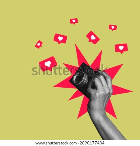 Modern design. Contemporary art collage of female hand holding camera, taking photo isolated over green background. Like icons. Concept of social media, influence, popularity, modern lifestyle and ad Royalty-Free Stock Photo #2090177434