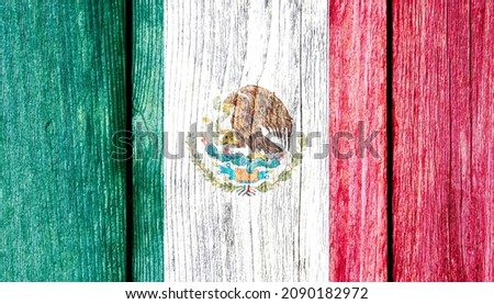 Grunge pattern of Mexico national flag isolated on weathered wooden fence board. Abstract Mexican politics history culture concept background