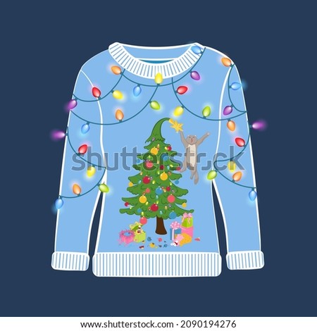 Ugly Christmas party sweater with funny cat print. Funny holiday clothes with cute print and ornaments. Ugly sweater christmas party