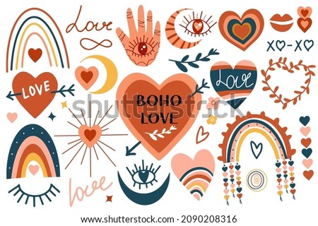 Boho love set. Happy valentine's day collection of abstract hearts, rainbow, Folk mystical tarot ornament. Vector illustration clip art