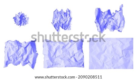 Set of creased paper colored in trendy color of year 2022 Very Peri. Crumpled sheet of paper straightens out step by step. Isolated on white background. Royalty-Free Stock Photo #2090208511
