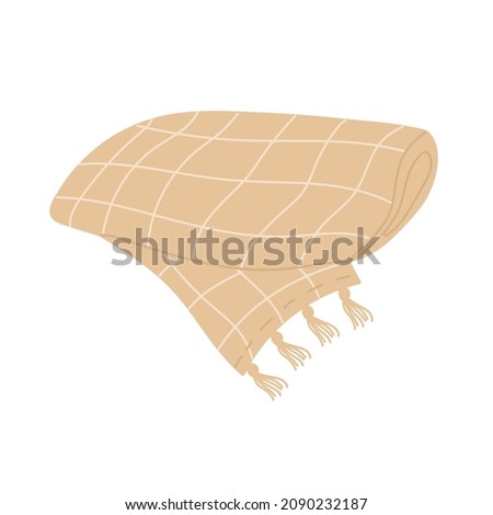 Fringed Check Wool Blanket. Rolled plaid, home decoration. Vector illustration in cartoon style. Isolated on white background. Royalty-Free Stock Photo #2090232187