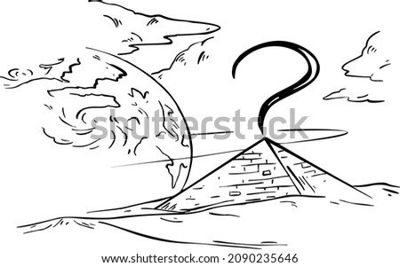 Landscape with pyramids and a question above it in front of the clouds and the planet sketch vector illustration hand draw