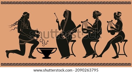 Representative figures of classical Greek ceramics. Three women or muses and a water man pouring water over a vessel. Royalty-Free Stock Photo #2090263795