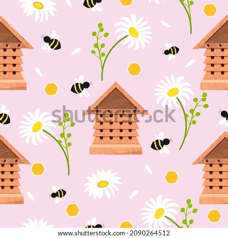Seamless pattern of chamomile, daisy, with fly bee on a pink background.Wild wasps in a flower meadow.