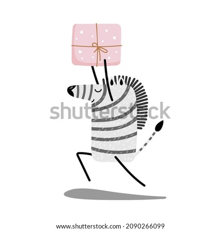 Happy zebra carries gift in pink packaging. Cartoon funny zebra. African animal. Hand drawn Vector illustration on white background For nursery, bedroom decor, greeting card, poster,congratulations.