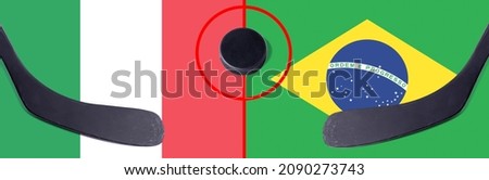 Top view hockey puck with Italy vs. Brazil command with the sticks on the flag. Concept hockey competitions
