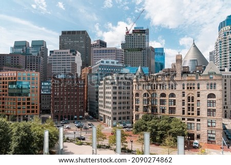 Panoramic picturesque financial downtown city view of Boston from Harbour area at day time, Massachusetts. An intellectual, technological and political center. Building exteriors. Royalty-Free Stock Photo #2090274862