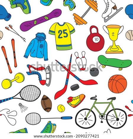 Sport items, sport equipment doodle seamless pattern on white background. Health activity theme. Vector illustration.