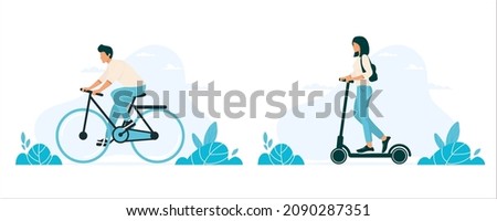 set . Person riding on bikecycle line art vector . Woman riding electric scooter