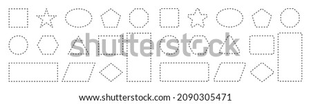 Dash line shapes. Dashed outline of circle, square, star, triangle, oval and heart for coupon. Design of border for basic geometric shapes. Icon of cut frame. Vector.