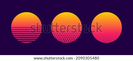 Retro sunset of 80s or 90s. Background of sun for cyberpunk, disco of 80 s and sunrise in miami. Set of neon gradient graphic for summer logo. Futuristic icons for flyer, music and shirt. Vector. Royalty-Free Stock Photo #2090305480