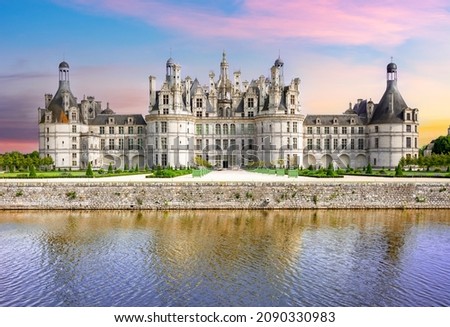 Chambord castle (chateau Chambord) in Loire valley at sunset, France Royalty-Free Stock Photo #2090330983
