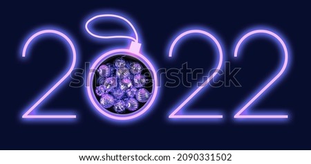 Neon sign 2022 with a picture of a Christmas tree toy in a trendy purple color