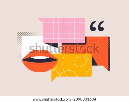 Idea of speech, communication. Open mouth, conversation bubbles and quote symbols. Rhetoric, oratory, public speaking concept. Isolated abstract vector illustration Royalty-Free Stock Photo #2090331634