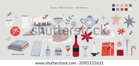 Hygge Christmas stickers set. Hand drawn cozy winter season elements kitchen collection - kitchenware, food, gift box, sweets, teapot, cookies. Merry Christmas and Happy New Year vector.
