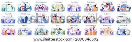 Big public relations set. PR technologies collection. Brand advertising, building arelationships with customer, government and investors. Maintenance of the brand reputation. Flat vector illustration Royalty-Free Stock Photo #2090346592