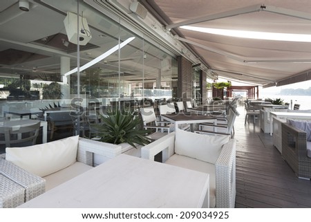 Interior of a summer terrace of a floating restaurant 