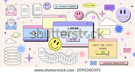Retro browser computer window in 90s vaporwave style with smile face hipster stickers. Retrowave pc desktop with message boxes and popup user interface elements, Vector illustration of UI and UX. Royalty-Free Stock Photo #2090360395