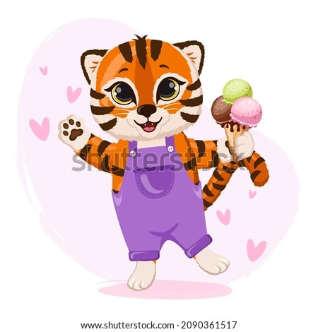 Cute cartoon striped red tiger happy with ice cream. Funny baby tiger on pink background with hearts. 