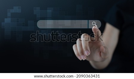 Search engine, SEO, Browsing Internet data information networking concept. Business woman clicking internet search page on computer touch screen, copy space for business and technology, data searching