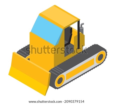 Bulldozer car. Illustration of a very deformed working car isometric technique.