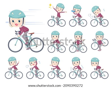 A set of Old woman in a purple jersey on a road bike.It's vector art so easy to edit.