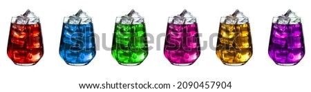 summer party concept with set alcoholic cocktails of different colors with ice closeup isolated on white background