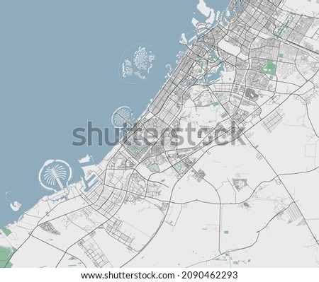Dubai vector map. Detailed map of Dubai city administrative area. Cityscape panorama. Royalty free vector illustration. Outline map with highways, streets, rivers. Tourist decorative street map. Royalty-Free Stock Photo #2090462293
