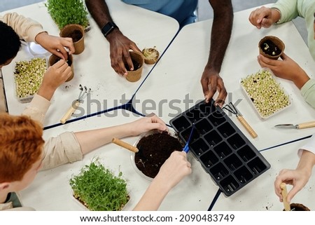 Top view close up of children planting seeds while experimenting at biology class in school Royalty-Free Stock Photo #2090483749