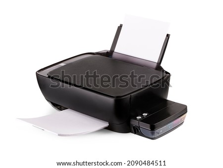 The New modern multifunction  black inkjet printer with paper isolated on white background