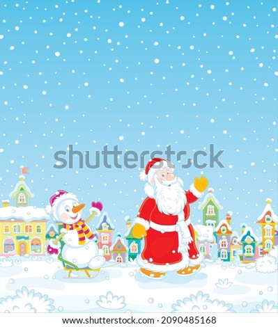 Christmas background with Santa Claus sledding a happy toy snowman through a pretty town on a snowy winter day, vector cartoon illustration