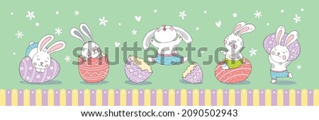 Happy Easter. Rabbits and eggs for your design on a mint background.