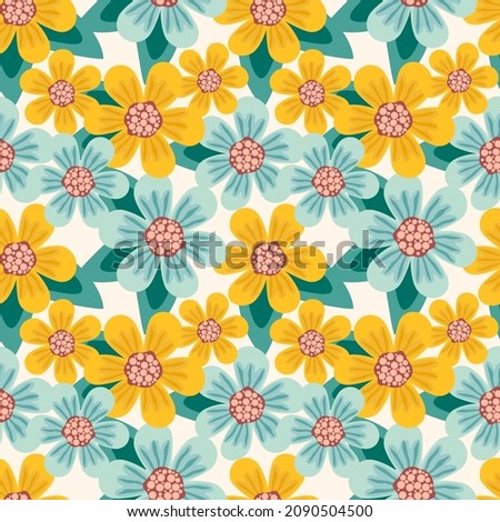 Pattern Floral Design Flowers and leaves on Bright Blue Background.