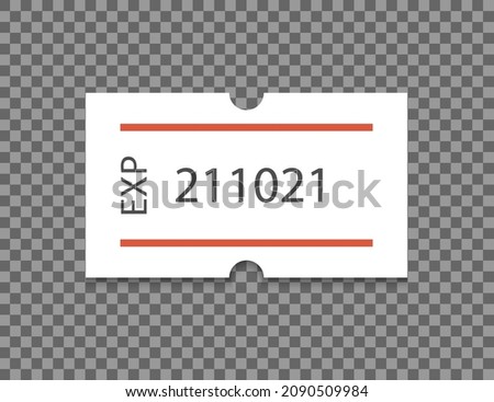 Expired date self-adhesive paper tag with two red stripes. Best before. Price label. White sticker to indicate the expiration date. Vector illustration isolated on transparent background. Royalty-Free Stock Photo #2090509984