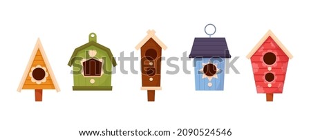 Set of Wooden Bird Houses, Colorful Feeders, Sweet Homes for Birds of Different Design with Slope Roof. Birdhouses, Nest with Round and Arched Holes. Cartoon Vector Illustration, Icons, Clip Art