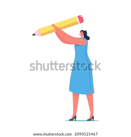 Tiny Female Character with Huge Pencil Isolated on White Background. Writer, Businesswoman, Secretary or Artist Occupation, Blogger, Journalist or Interviewer Single Woman. Cartoon Vector Illustration