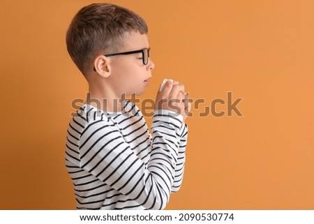 Allergic little boy on color background