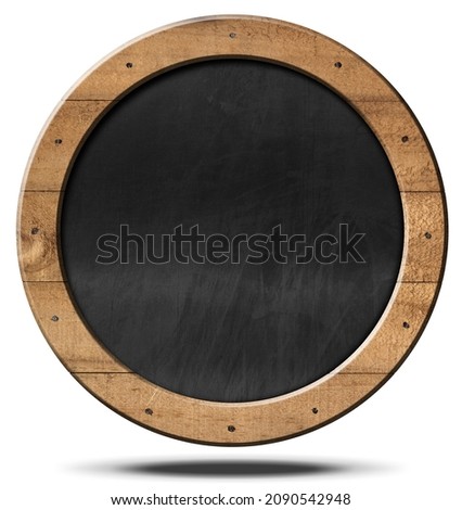 Empty blackboard with wooden frame and nails in the shape of a circle, isolated on white background with shadow and copy space.