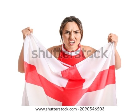 Aggressive cheerleader with the flag of England on white background