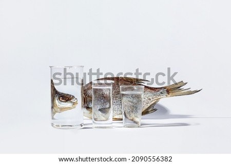 Dried fish distortedly reflecting in glasses with transparent liquid on white background