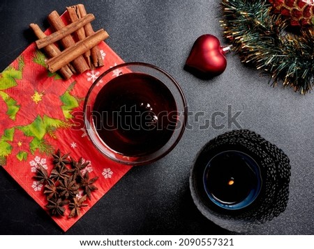 Christmas table with hot tea and sweet honey.