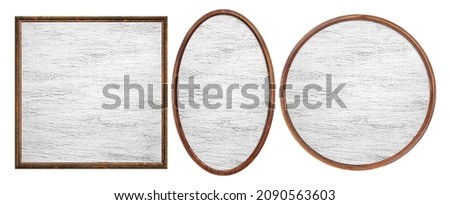Wooden frame set. Empty wooden frame painted with white paint isolated on white background. Blank square, circle, oval frame. Signboard mockup. Notice board.
