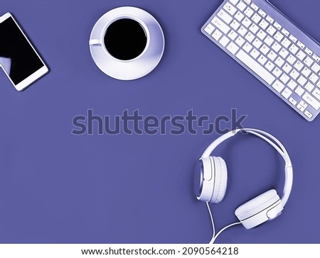 Flat layout on very peri lavender background. Horizontal photo. Composition concept online conference, desktop, office work and training, concept bloging, online education