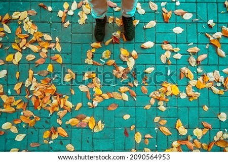 Feet in boots on autumn foliage, top view